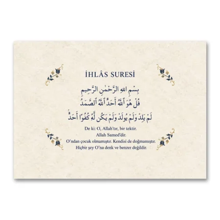 Krem Mermer Dokulu Lacivert Tezhipli İhlâs Suresi Türkçe Mealli Kanvas Tablo