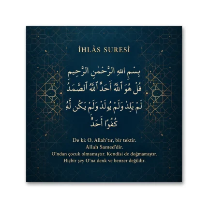 Lacivert Altın Geometrik Desenli İhlâs Suresi Türkçe Mealli Kare Kanvas Tablo