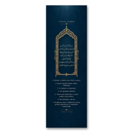 Lacivert Altın Mihrab Fatiha Suresi Dikey Panoramik Kanvas Tablo