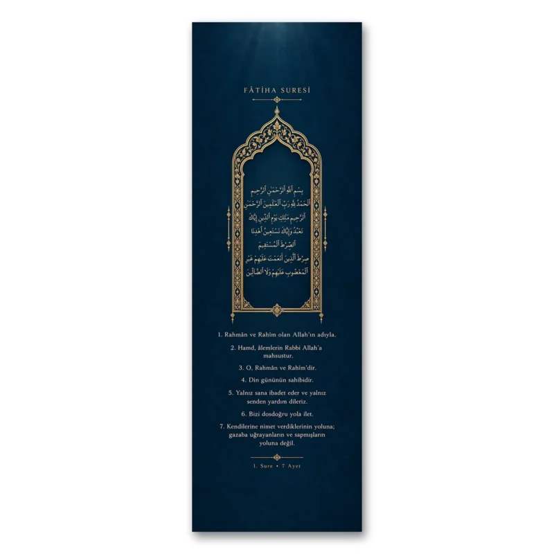 Lacivert Altın Mihrab Fatiha Suresi Dikey Panoramik Kanvas Tablo