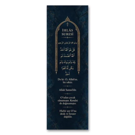Lacivert Altın Mihrab İhlâs Suresi Türkçe Mealli Dikey Panoramik Kanvas Tablo