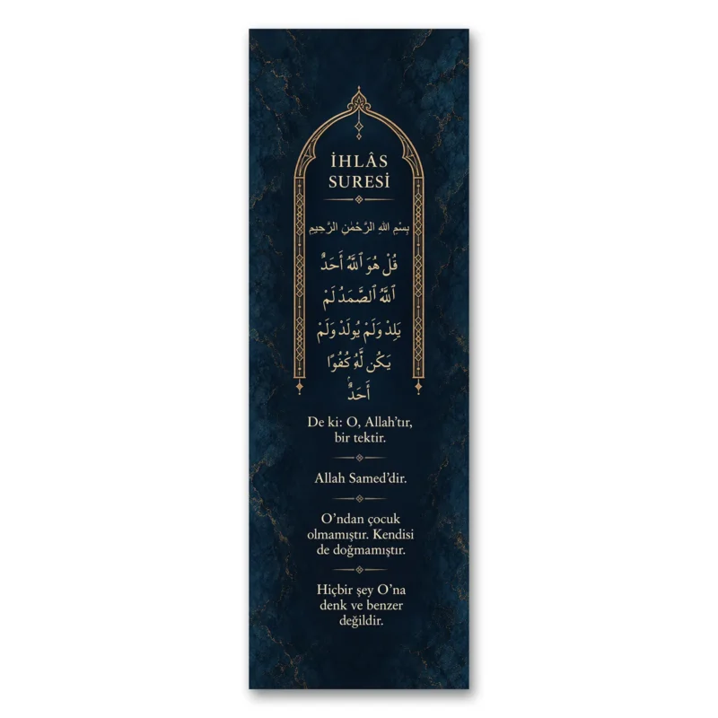 Lacivert Altın Mihrab İhlâs Suresi Türkçe Mealli Dikey Panoramik Kanvas Tablo