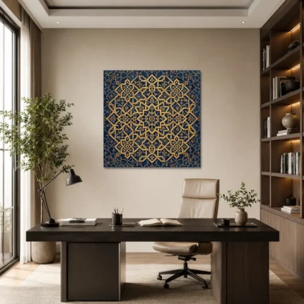 Lacivert ve Altın Selçuklu Geometrik Motifli Kare Kanvas Tablo - ürün görseli 1