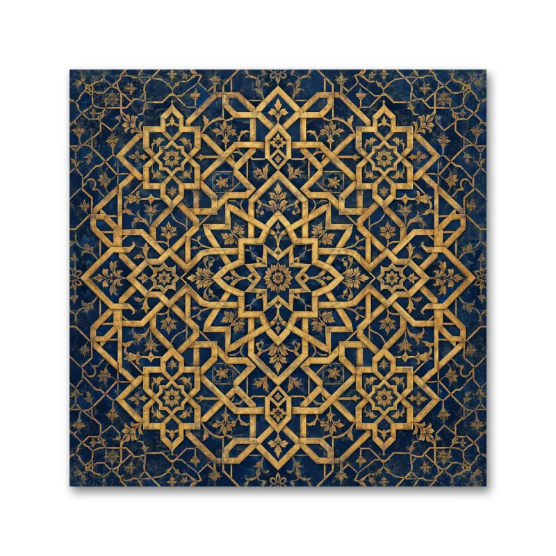 Lacivert ve Altın Selçuklu Geometrik Motifli Kare Kanvas Tablo