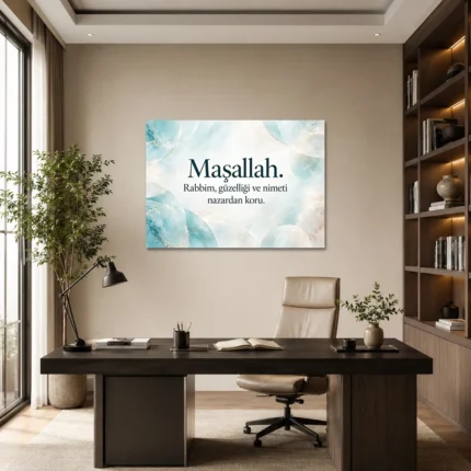 Maşallah Nazar Duası Turkuaz Mermer Desenli Yatay Kanvas Tablo - ürün görseli 1
