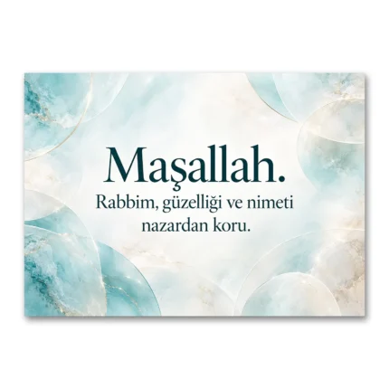 Maşallah Nazar Duası Turkuaz Mermer Desenli Yatay Kanvas Tablo