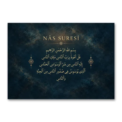 Nâs Suresi – Lacivert Taş Dokulu Altın Hat Kanvas Tablo