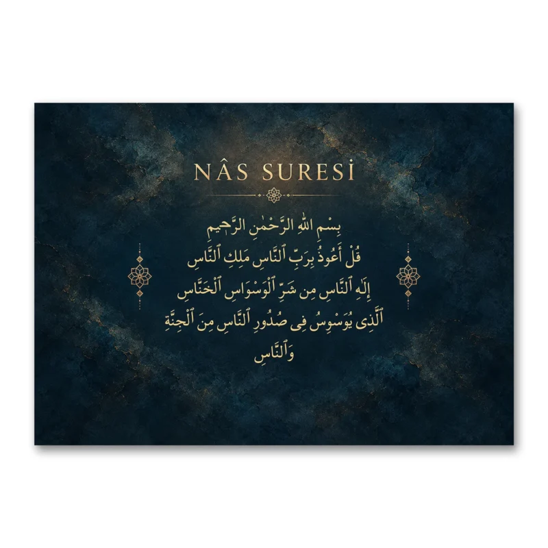 Nâs Suresi – Lacivert Taş Dokulu Altın Hat Kanvas Tablo