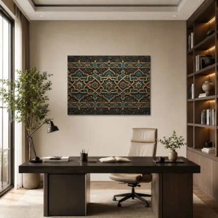 Siyah Turkuaz ve Altın Selçuklu Geometrik Motifli Yatay Kanvas Tablo - ürün görseli 1