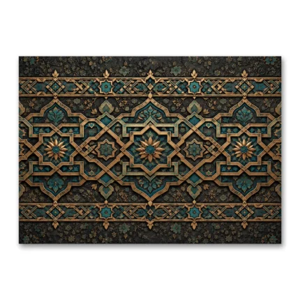Siyah Turkuaz ve Altın Selçuklu Geometrik Motifli Yatay Kanvas Tablo