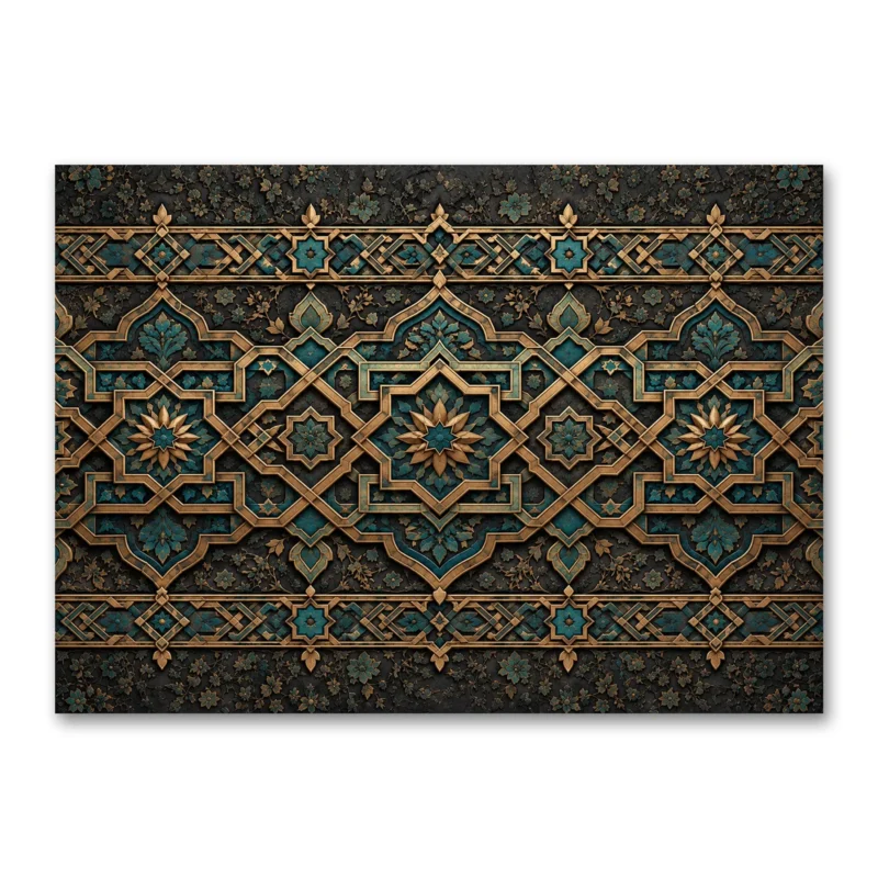 Siyah Turkuaz ve Altın Selçuklu Geometrik Motifli Yatay Kanvas Tablo