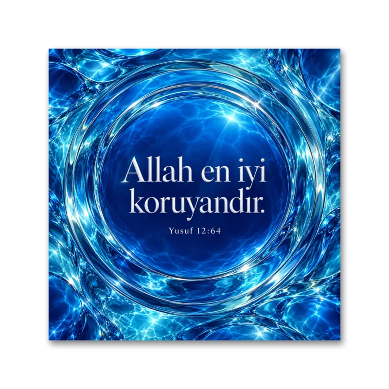 Yusuf Suresi 64. Ayet Allah En İyi Koruyandır Mavi Kristal Kare Kanvas Tablo