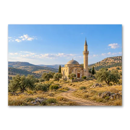 Zeytinlikler Arasında Taş Cami Kanvas Tablo